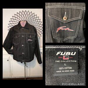 FUBU Sports Black Denim Jacket THE COLLECTION Size LRG Vintage New Old Stock